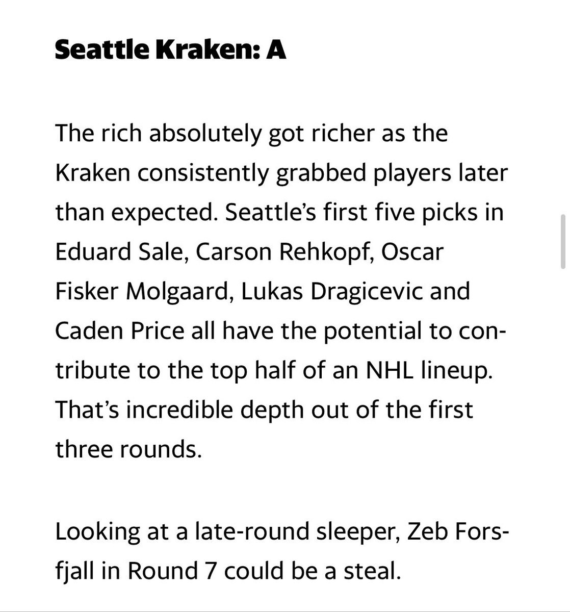 #SeaKraken aced the #NHLDraft2023, according to @YahooSports’ Ian Kennedy.