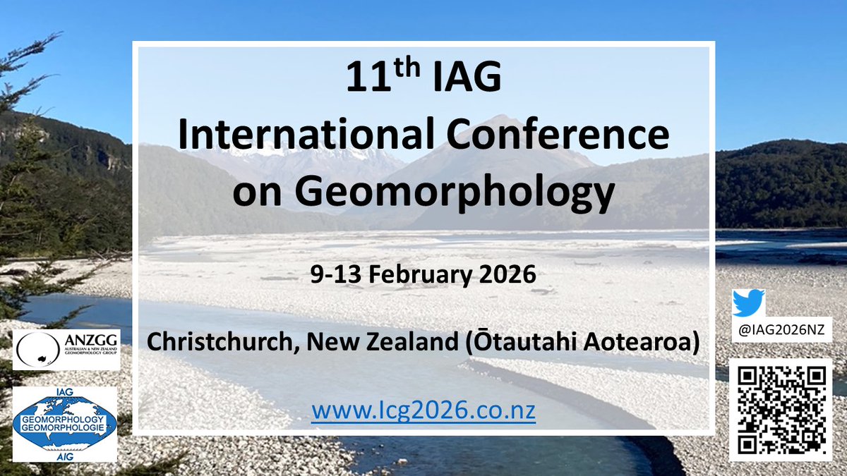 Welcome to the official Twitter page for the 11th International #Geomorphology Congress to be held in Christchurch, #NewZealand in 2026! 

Please follow this page for updates about the #IAG2026NZ conference! #NZ is geomorphology paradise and we are excited to host you! 🗻🌊🏔️