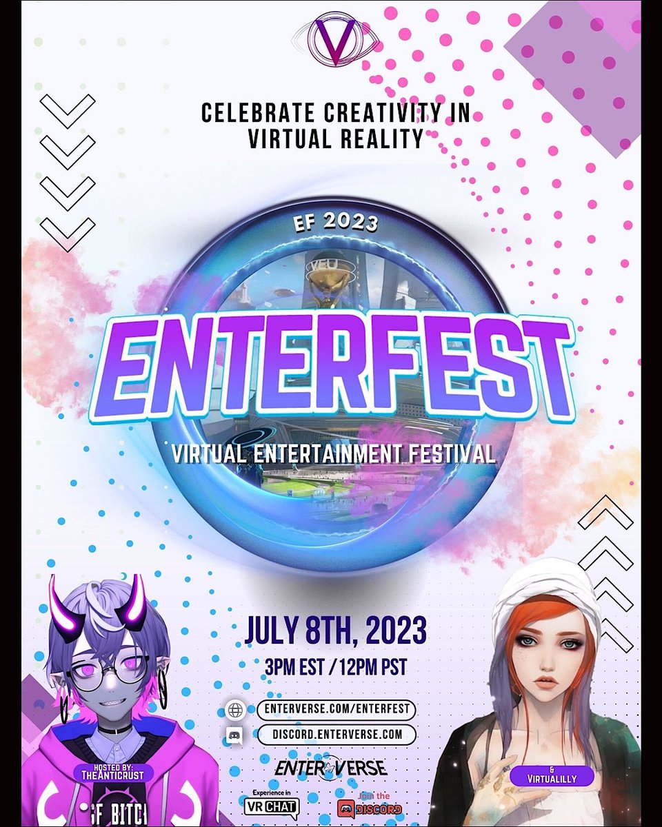 JULY 8th @ 3:00pm EST
Enterverse.com/ENTERFEST 

💥 Enter the digital realm with us at Enterfest, the ultimate VR entertainment festival! On Saturday, July 8th, starting at 3pm EST, we're hosting an extraordinary event in the virtual landscape of VRChat. 

#vrchat #vrchatcommunity