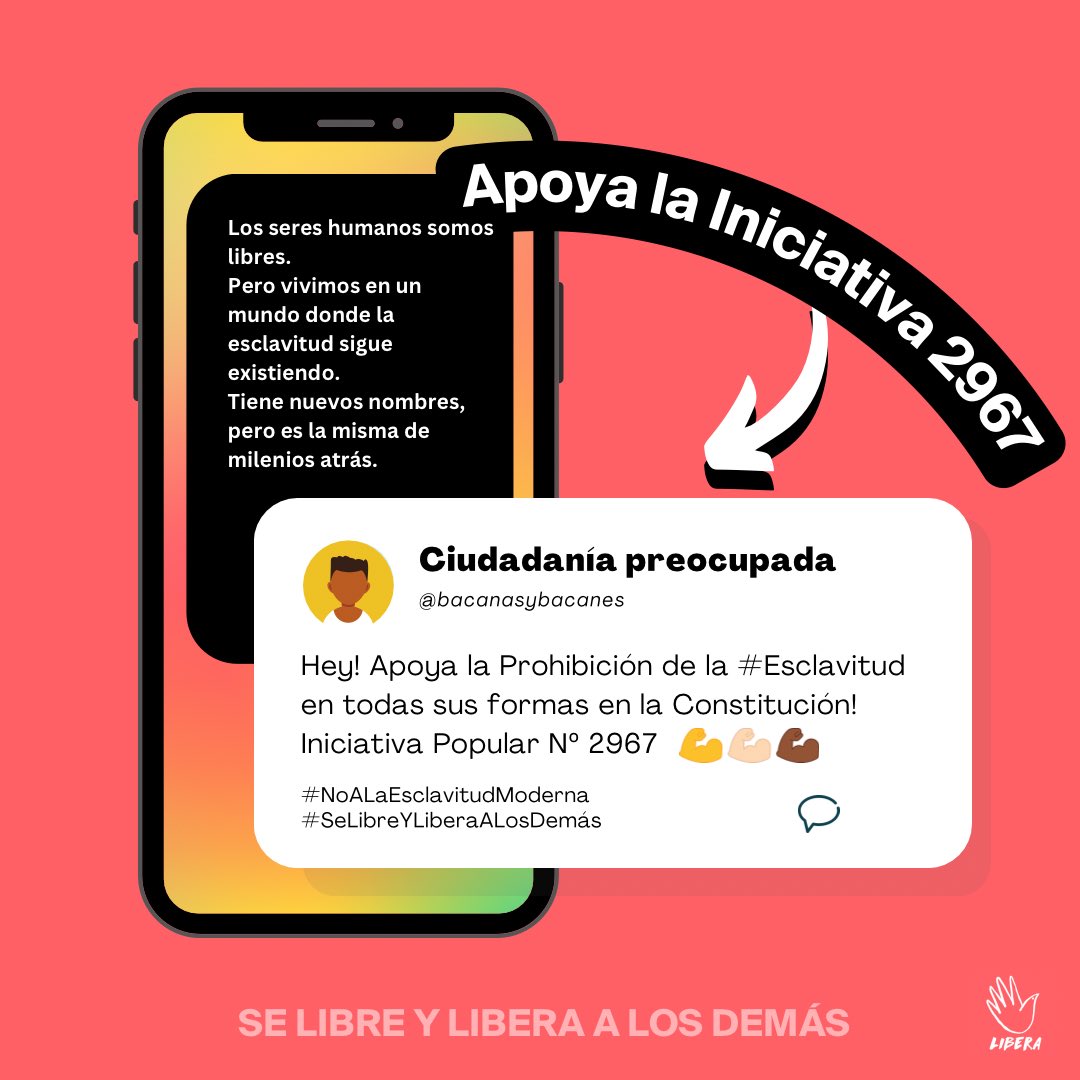 ☝️Necesitamos 10 mil firmas para que el Consejo Constitucional considere nuestra iniciativa “La prohibición de la esclavitud en todas sus formas”. 

¡Firma aquí! 
acortar.link/nFB4Vh