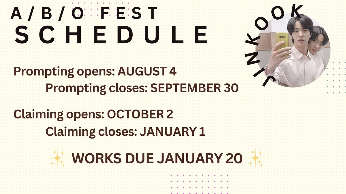 jinkookabo's tweet photo. Hi! 

We have not forgotten about you, Jinkookers!

May we present… the Jinkook A/B/O Fest Schedule! 

This is what the Mods have come up with but, of course, everything can be changed if needed ♥️✨ https://t.co/RVKF2aGx3n