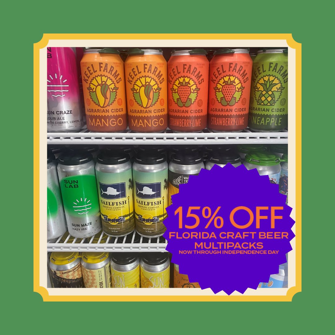 America can’t have a birthday without a party, and you can’t have a party without Florida local craft beer! In celebration of 🇺🇸’s birthday save 15% off all craft beer multipacks.
(In store only. Must be 21 or older.)