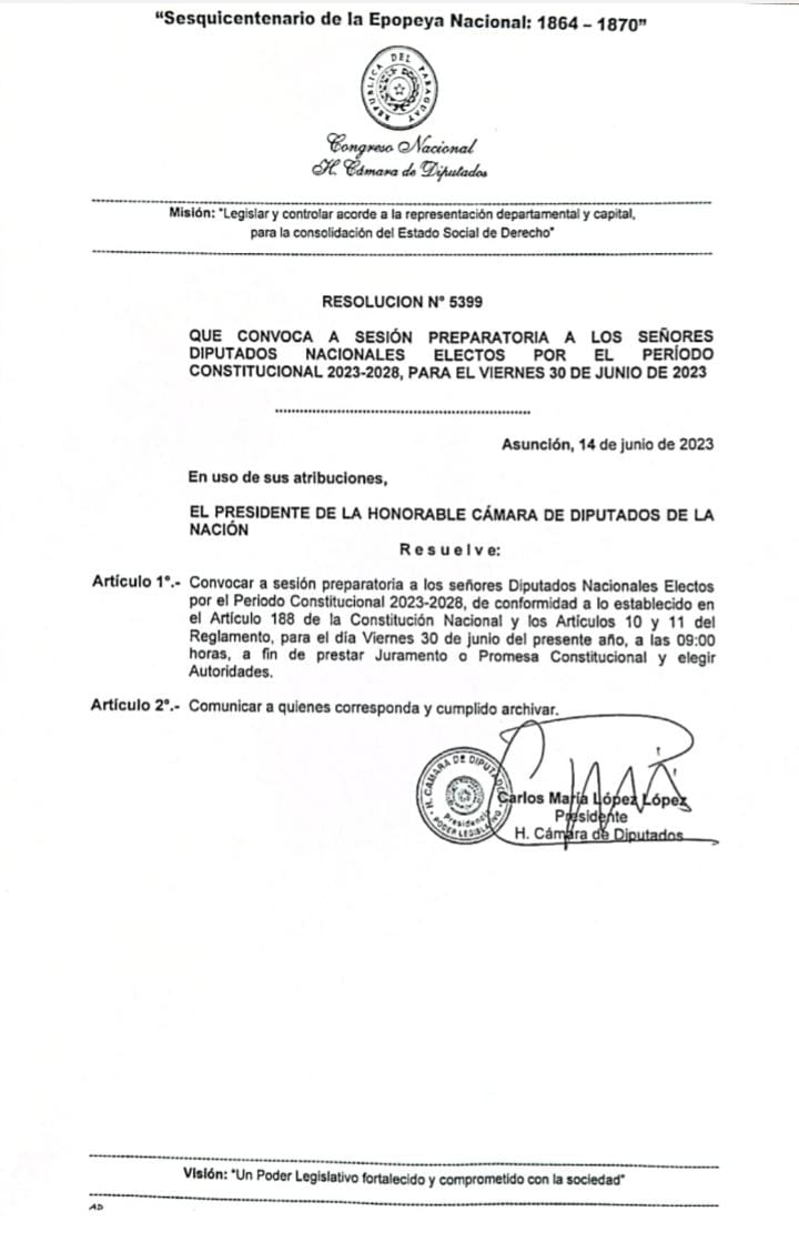 Radio Cámara Py (@radiocamarapy) on Twitter photo Mañana jurarán los 80 Diputados Nacionales Electos y Proclamados para el periodo 2023-2028.
La resolución de convocatoria a Sesión Preparatoria fue firmada por el actual Pdte. <a href="/DipCarlosMLopez/">Carlos María López López</a> y establece como horario de esta importante actividad las 9:00 hs. Mañana jurarán los 80 Diputados Nacionales Electos y Proclamados para el periodo 2023-2028.
La resolución de convocatoria a Sesión Preparatoria fue firmada por el actual Pdte. <a href="/DipCarlosMLopez/">Carlos María López López</a> y establece como horario de esta importante actividad las 9:00 hs.