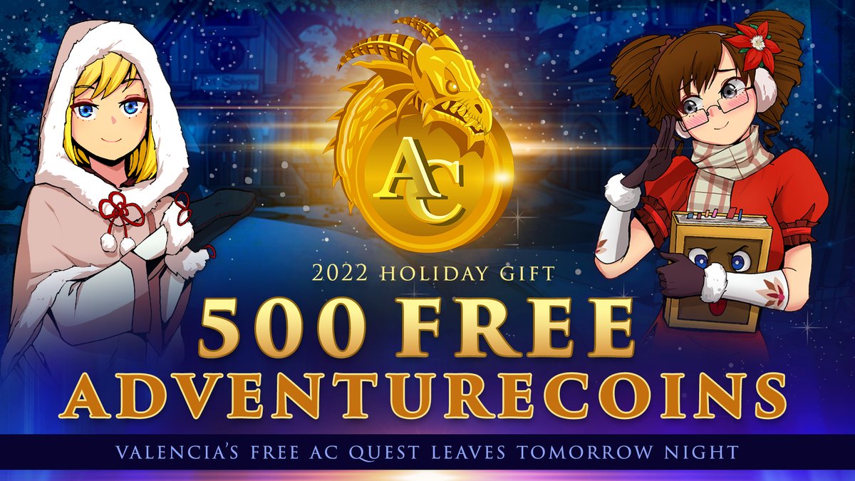LAST CALL:  We gave 500 free ACs to heroes who battled through our 2022 holiday events, but everyone can to unlock the gift... while it's still here! Talk to Valencia in Battleon and complete her quest before tomorrow night's game update arrives. AQ.com