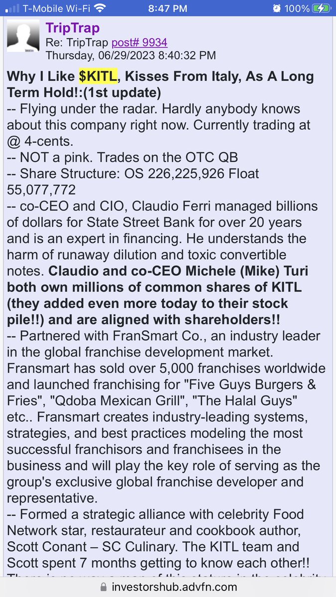 TripTrapTrading's tweet photo. Why I Like $KITL, Kisses From Italy, As A Long Term Hold!: (1st update) https://t.co/LkGoxdKpXw