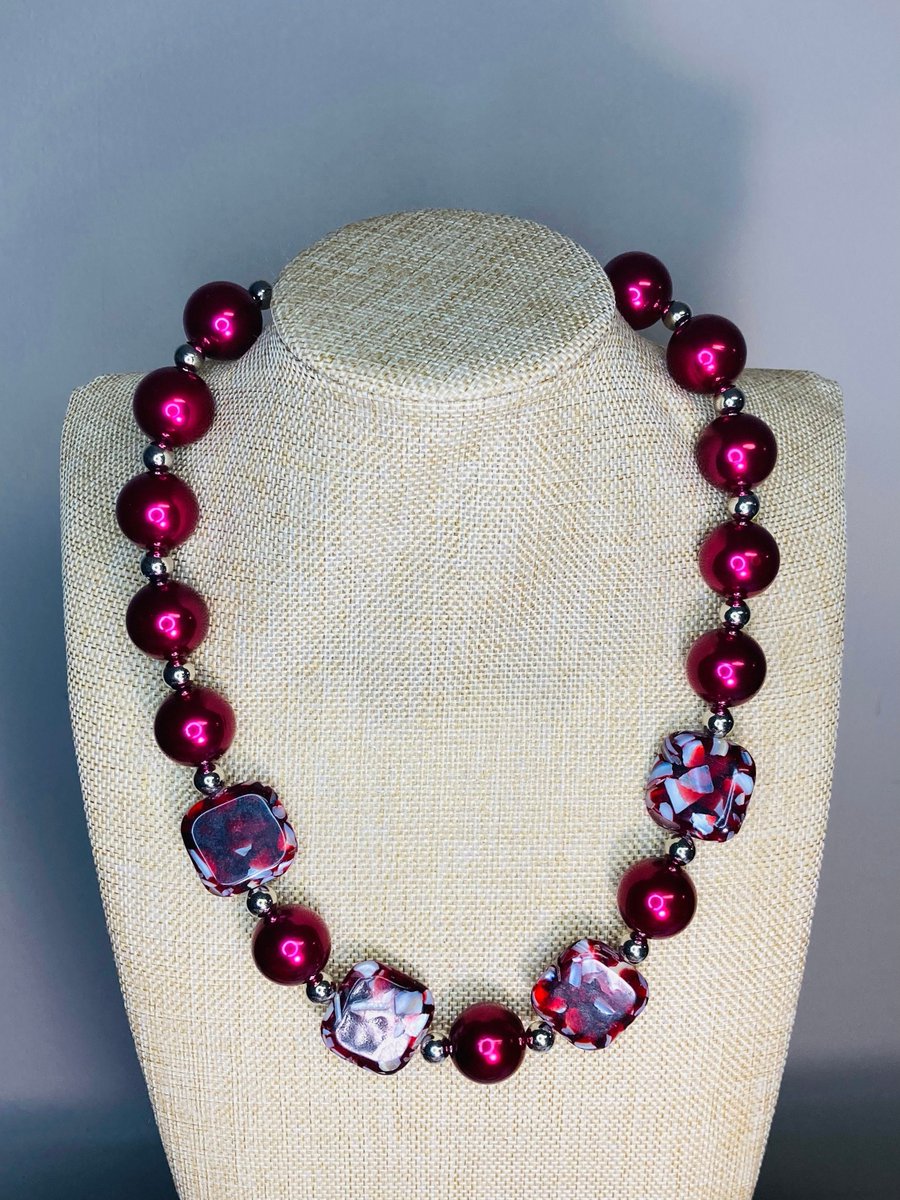 Excited to share the latest addition to my #etsy shop: Burgundy Red Bubble Gum Beaded Necklace / Large Beaded Statement / Mother of Pearl Square Bead / Round Fashion Statement / Holiday Wedding etsy.me/3r93cja #christmasjewelry #weddingjewelry #oneofakind #beau