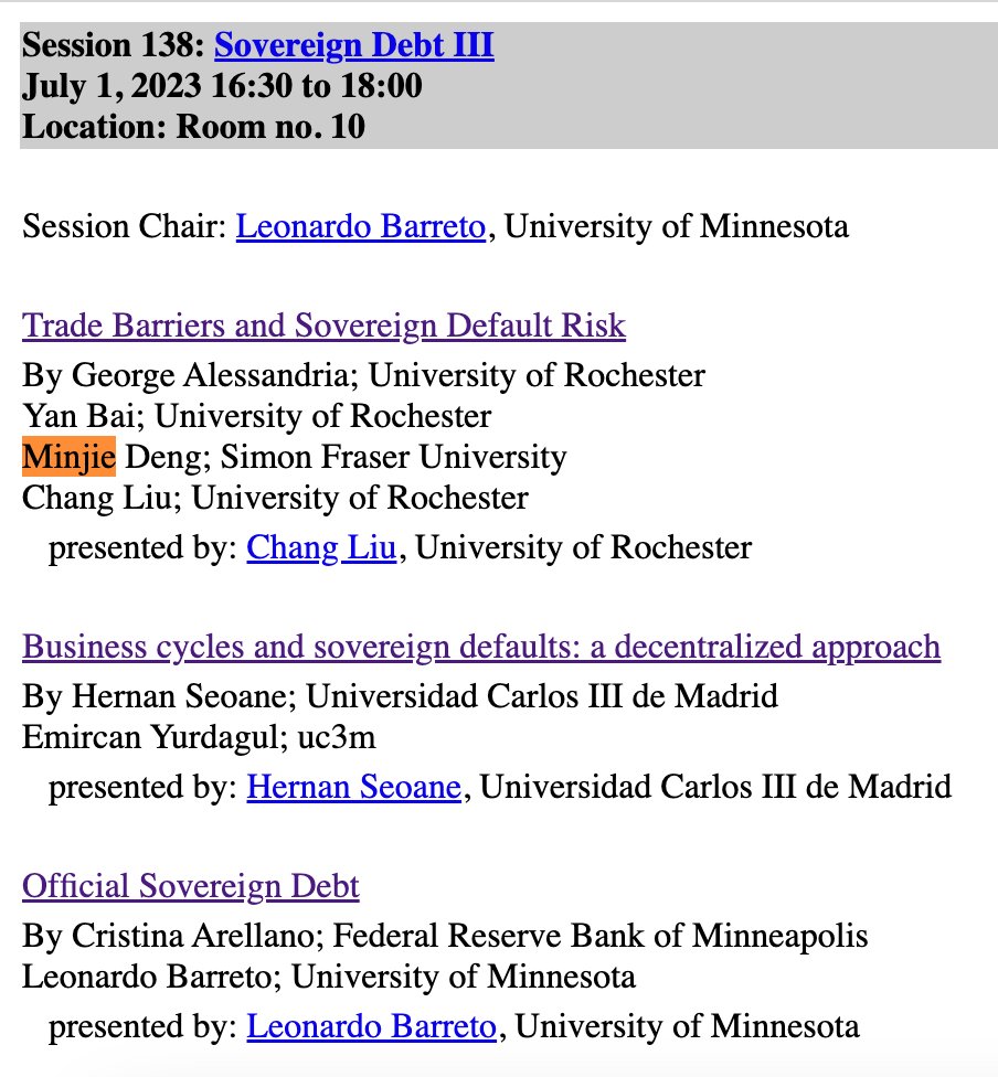 If you're interested in sovereign debt or trade, please don't miss my coauthor Chang's presentation on Trade Barriers and Sovereign Default Risk. Also, Chang will be on the job market this year; check her out! #SED2023
@SEDmeeting