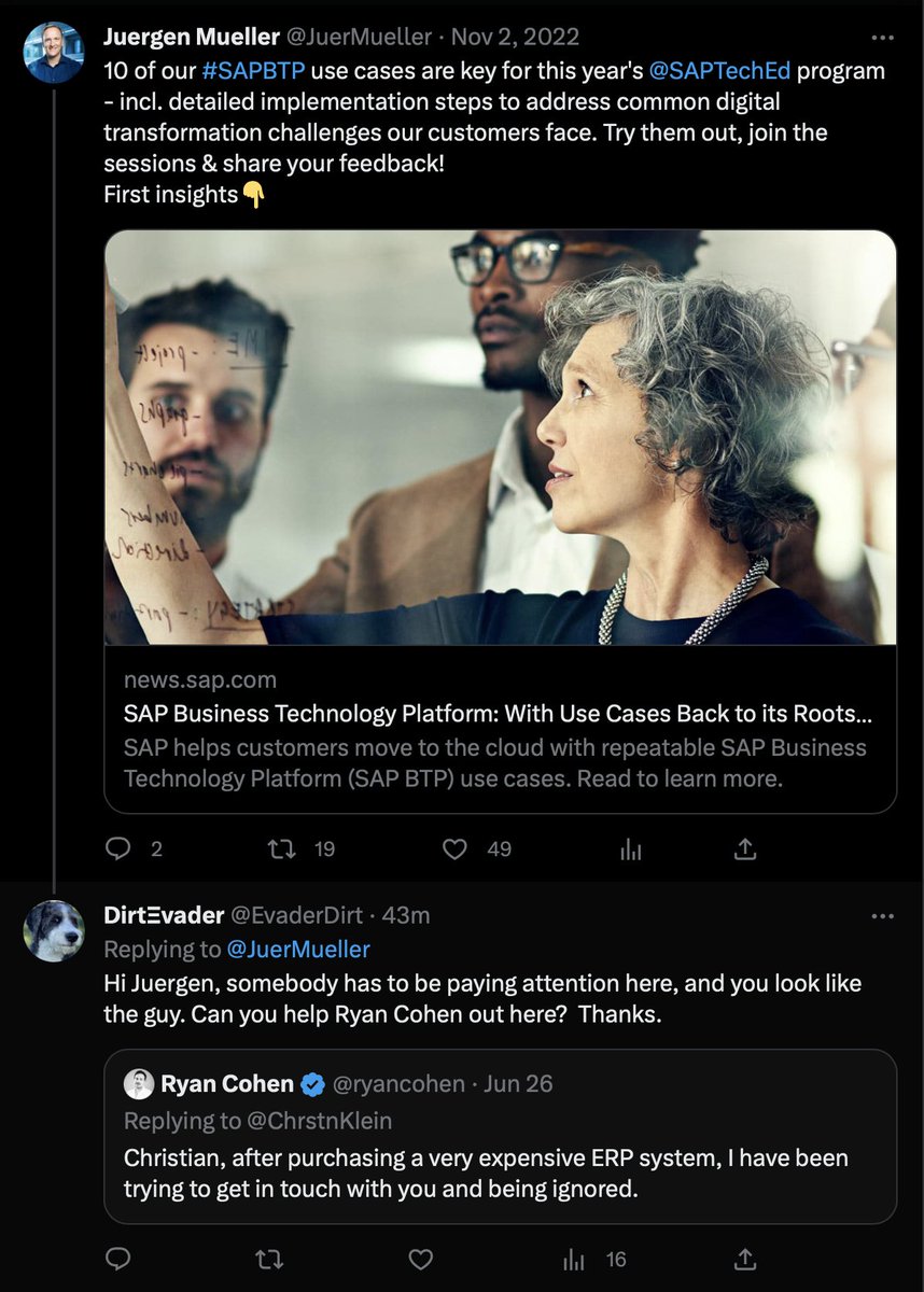@ryancohen Hi Ryan, let us know if @ChrstnKlein has connected with you. I sent a few requests out to @SAP's executive board to see they can help prioritize his attention.
@thsaueressig 
@JuerMueller
@julwhite
@ScottROfficial