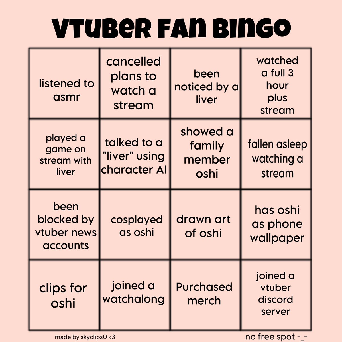 skyy 🌷 on Twitter "I decided to make a vtuber bingo ! , feel free to