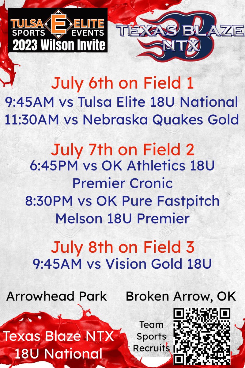 Heading north once again, to compete in the Tulsa Elite Wilson Invite next week. Join us at Arrowhead Park or watch live on Game Changer! #bBlaze #BlazeOn