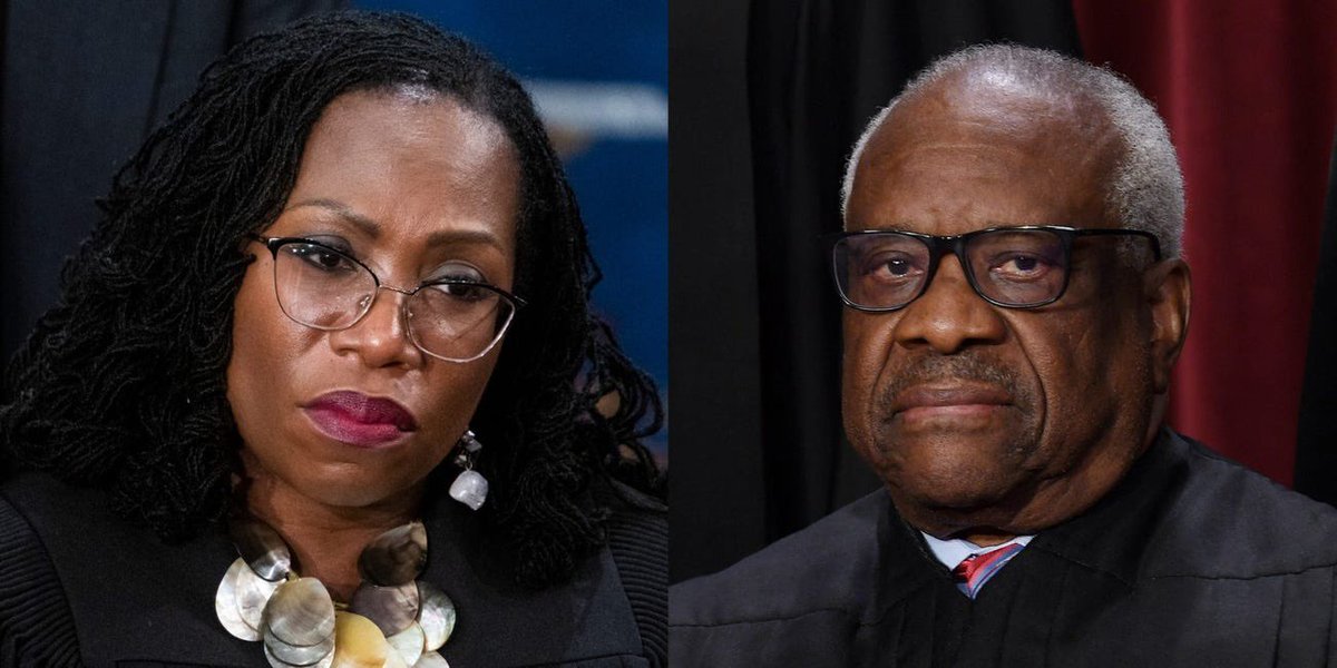 WordswithSteph's tweet photo. Affirmative Action: Two Black Supreme Court justices came head to head over the issue of race in America.
As the Supreme Court voted to strike down affirmative action, the battle between the two Black justices strikes a chord of deep concern.
A war of words was waged at the U.S. Supreme Court between Clarence Thomas and Ketanji Brown Jackson.
Clarence Thomas is the longest-serving justice. He is a clear beneficiary and longtime critic of affirmative action. Thomas attacked the newest justice, a Black woman — Ketanji Brown Jackson — who is certainly a forceful, vocal proponent of responsible diversification efforts, including affirmative action.
Blistering: Today, numerous pages of Thomas’s 58-page concurring opinion were committed to targeting Justice Ketanji Brown Jackson. Thomas seized the opportunity to lash out with acidic accusations and toxic distortions aimed directly at Justice Jackson.
By name, Thomas criticized Jackson 18 times. Thomas attacked Jackson’s perspectives on affirmative action, as well as her motivations.
Example: Thomas accused Justice Jackson of perpetuating views that are “irrational” and “cancerous to young minds.”
Thomas was on his own in these pointed criticisms and assorted expressions of grievance: No other justice chose to join in his concurring opinion and prolonged attacks.
Justice Ketanji Brown Jackson’s 28-page dissenting opinion was masterfully executed, powerful, and joined by Justices Sonia Sotomayor and Elena Kagan.
In the final analysis, Colorblind Clarence along with his “conservative” cohorts on SCOTUS and in American society at large "prevent our problem-solving institutions from directly addressing the real import and impact" of racism and are "deterring our collective progression toward becoming a society where race no longer matters."
More details below: