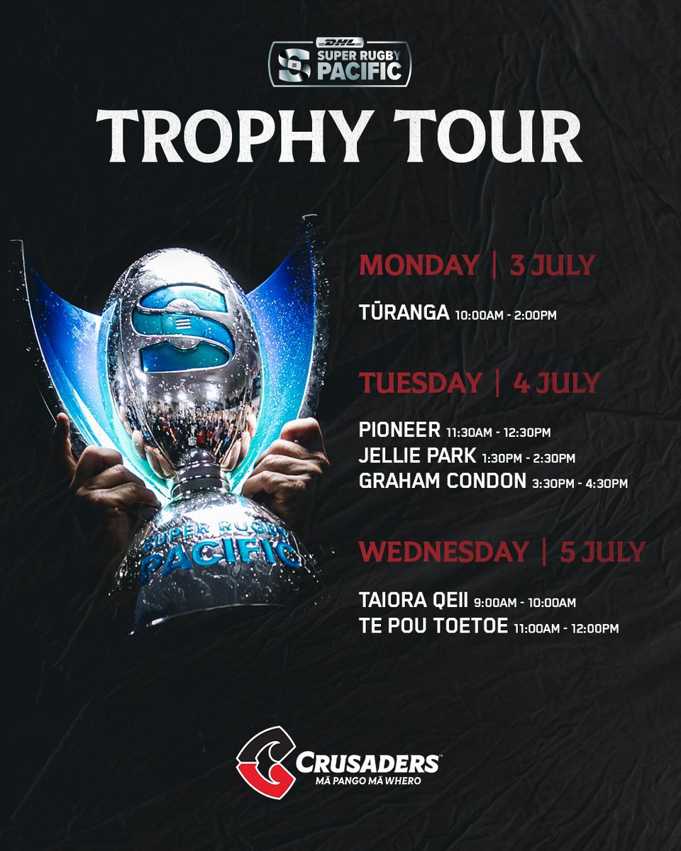 We have your chance to see the Super Rugby trophy up close! 🏆 Next week the Super Rugby Pacific & Super Rugby Aupiki Trophy will be on display on the locations below 💯