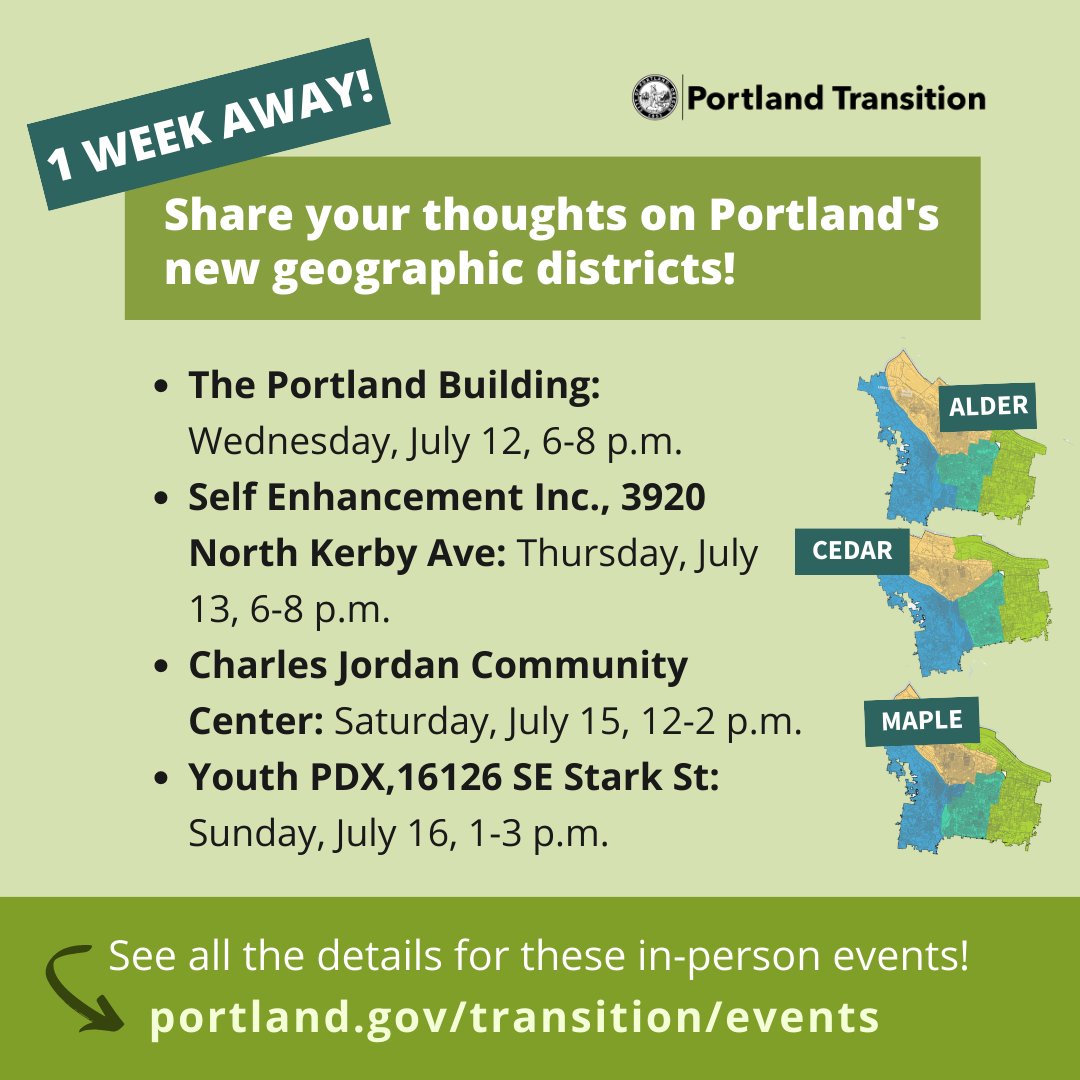 PortlandGov's tweet photo. We’re a week away from the Independent District Commission’s public hearing at the East Portland Community Center! There will be ASL and Spanish interpretations. You can read the full report and provide feedback by visiting: https://t.co/fYxGJwxECF #DistrictMapping #PortlandGov https://t.co/Br4LCMZfQY