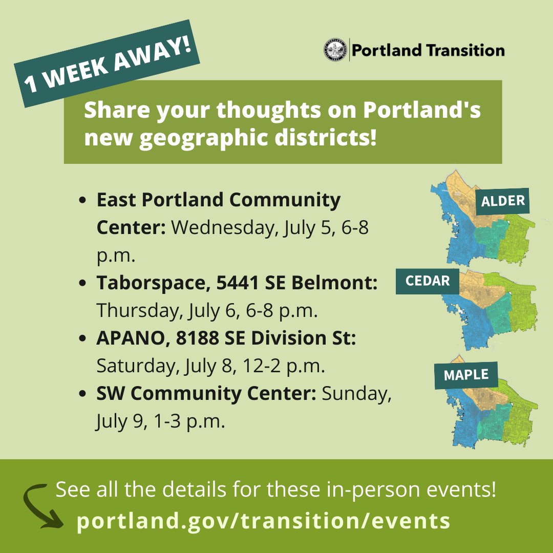 PortlandGov's tweet photo. We’re a week away from the Independent District Commission’s public hearing at the East Portland Community Center! There will be ASL and Spanish interpretations. You can read the full report and provide feedback by visiting: https://t.co/fYxGJwxECF #DistrictMapping #PortlandGov https://t.co/Br4LCMZfQY