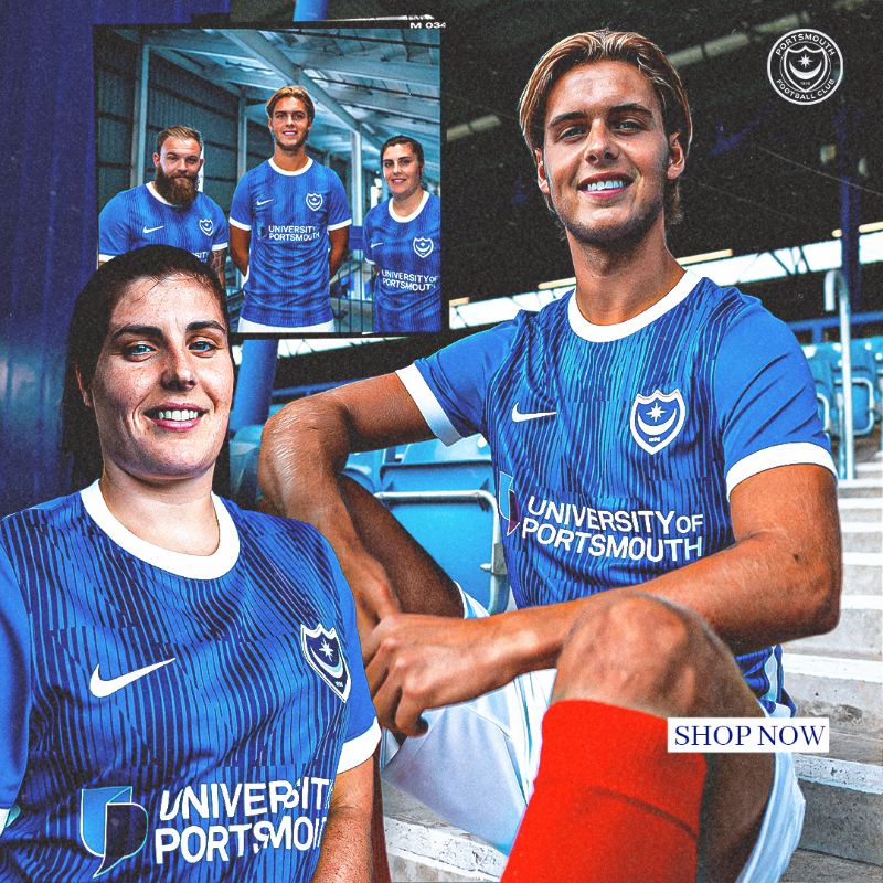 Pompey's tweet photo. ➖ Available from 8am online 💻
➖ In-store from 9am 🛒

👕 Purchase your new #Pompey home kit here!