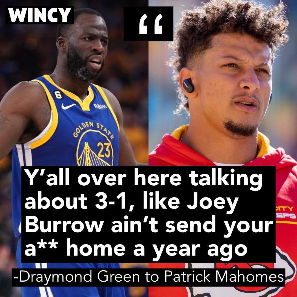 WincinnatiPod's tweet photo. Draymond Green speaks on the Chiefs vs Bengals recent history. 🍿😁 3-1 https://t.co/j32utJYA1p