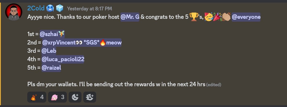 AstuteScholarz's tweet image. 🥳🎉👏🏽 #Congrats to the 5 🏆's of the #AstuteScholarz Poker night last night

Thank u to the prize pool sponsors as well: @2Cold_XRPL #2ColdCoin #2CD 🧊🥶 @AnbuLegends @XrDonkey @Schmeckles_XRPL @JNKZxyz @xrppossum @xPEPENFT

And thank u to our #Astute Poker host @gemmzrobles_11