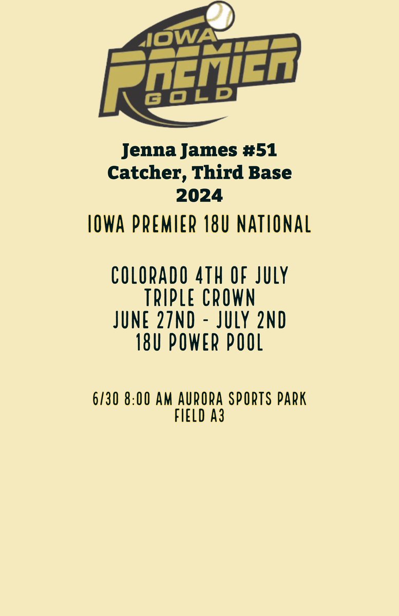My <a href="/IowaPremierFP/">Iowa Premier Fastpitch</a> 18u National team starts bracket play tomorrow! Hope to see you there!! <a href="/KristinaMcSwee6/">Kristina McSweeney</a> <a href="/JoshBertke/">Josh Bertke</a> @CoachHeflinISU <a href="/Coach_LWood/">Lacy Schurr (Wood)</a> <a href="/CoachPinkerton/">Jamie Pinkerton</a> <a href="/Bgomezolson/">Brittany Gomez-Olson</a> <a href="/Coach_Kramos/">Tina Kramos</a> <a href="/Coach_MGardner/">Michelle Gardner</a>