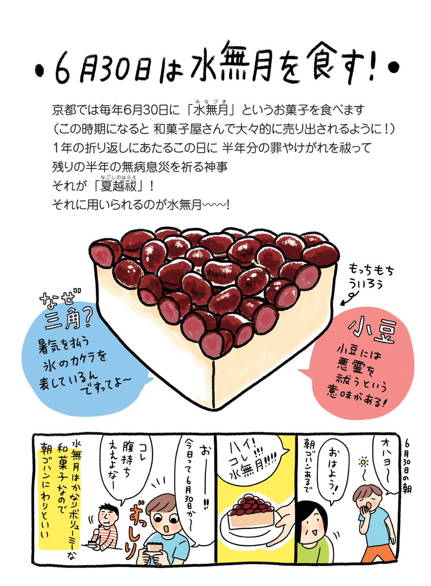 今日は6月30日なので京都では水無月を食べる日です〜!!!美味しいよ!  てかええ〜!?明日から祇園祭はじまるってこと? 早い・・・ #イラストエッセイ
