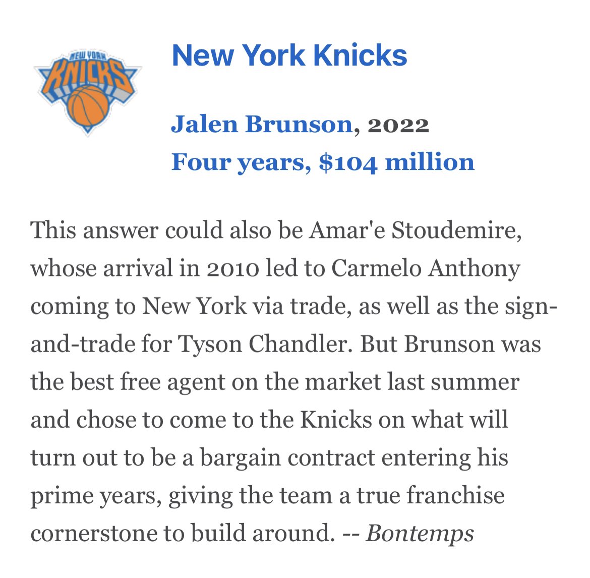 ESPN names Jalen Brunson as the Knicks most impactful free-agent signing of the last decade.