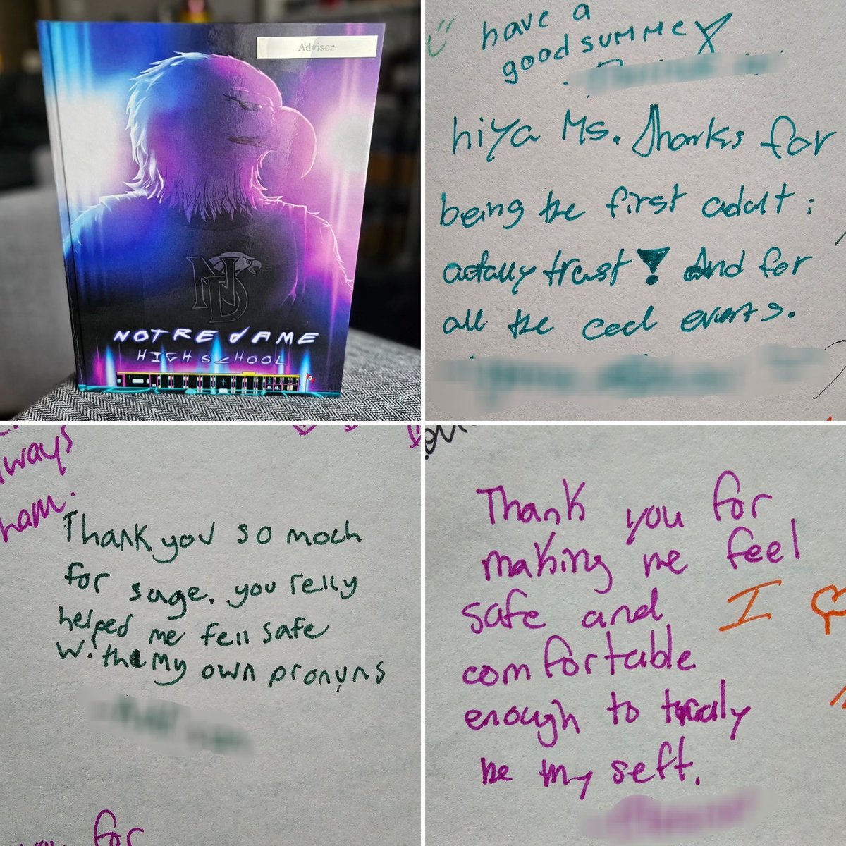 These messages in my yearbook will always remind me how important it is to continue creating safe and brave spaces in all of our schools. 🏳️‍🌈🏳️‍⚧️❤️

#ThisIsND #APlaceForEveryone @NotreDameOCSB @OttCatholicSB #sage4ND #ocsbPride #ocsbBeCommunity