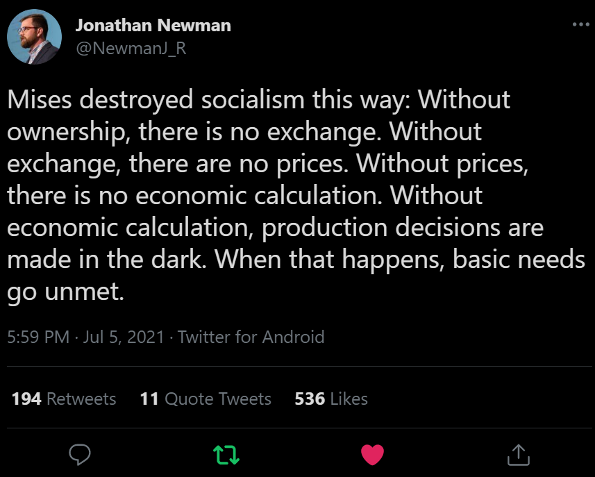 LPMisesCaucus's tweet photo. @_bilaire You attribute deaths by natural causes to "capitalism". Scarcity is the default state of the world, and the Misesian economic calculation problem proves there's no better resource allocation mechanism than the capitalist one. https://t.co/i31SAsVlq3