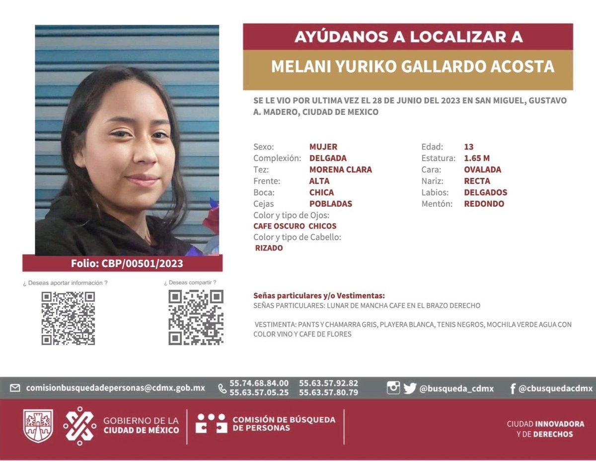 La familia de Melani Yuriko Gallardo Acosta la está buscando. ¿Nos ayudan a difundir? 🙏🏼