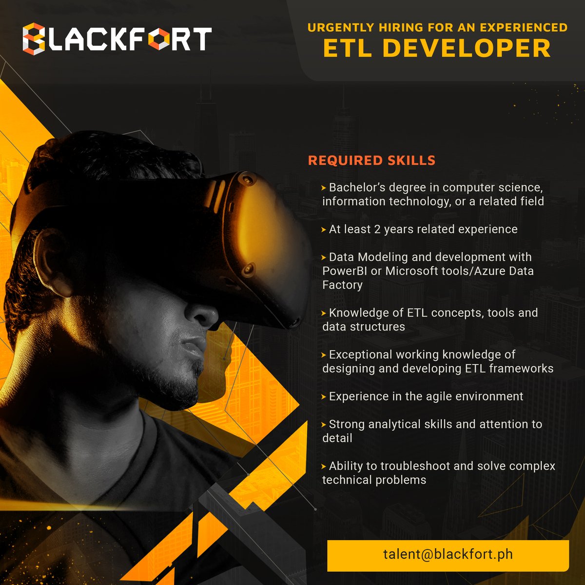BlackfortPH's tweet image. NEW JOB ALERT!
Get in touch with us now!
Email - talent@blackfort.ph
Connect with us - linkedin.com/company/blackf…
Visit us - blackfort.ph
#hiringnowph #developerjobs #etldevelopers #hybridwork
