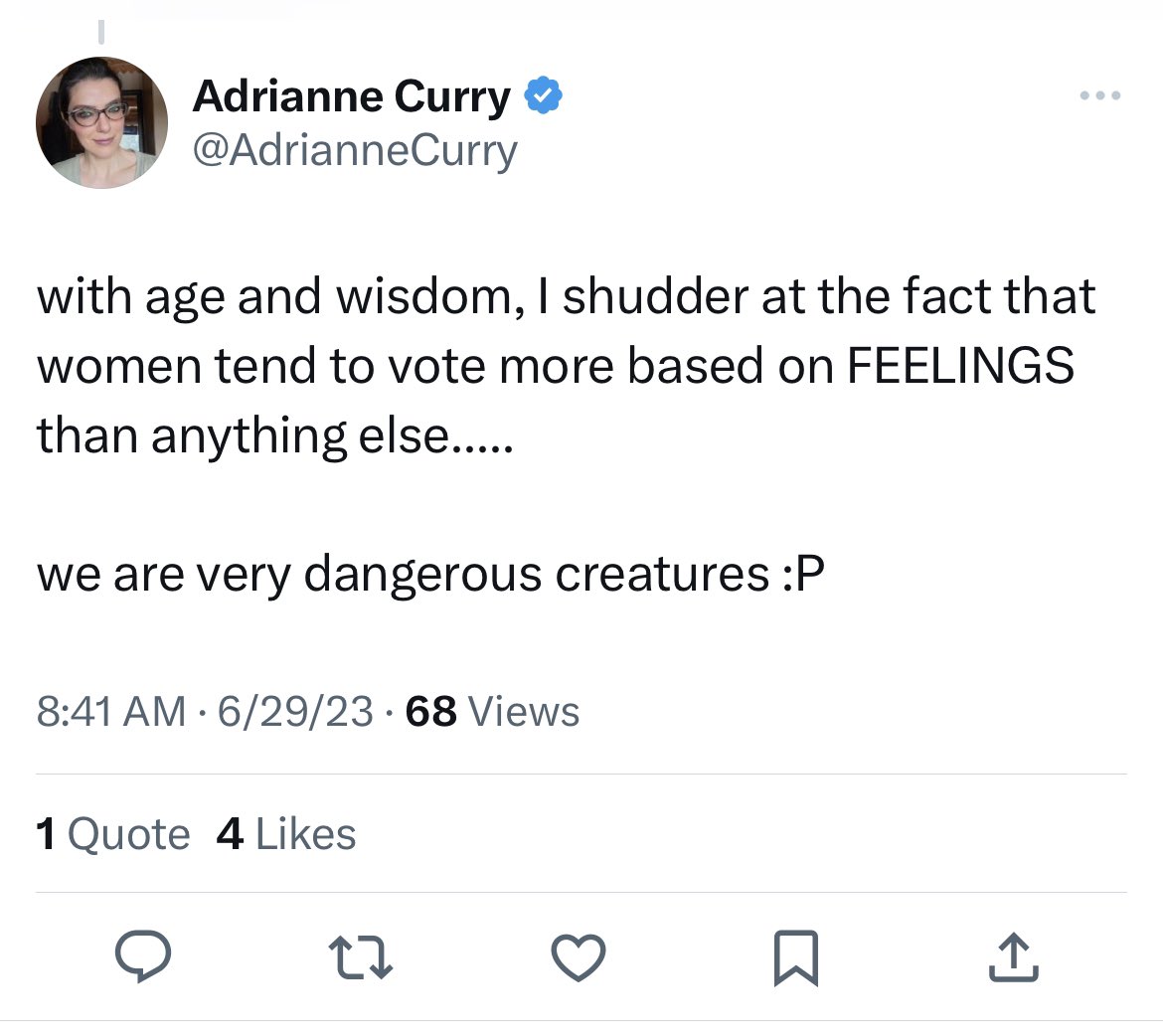 amandapanda362's tweet photo. Adrianne curry promotes a stereotype that women vote based on their feelings more than anything else… like their brains?? Women have brains. Women are capable of voting intelligently and thoughtfully. #antm #matthewrhode @AvonInsider - no doubt this aligns with your values? https://t.co/SNISONGAgK