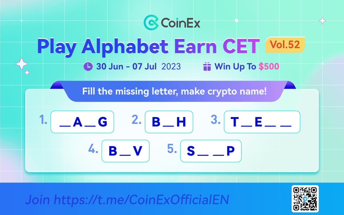 coinexcom's tweet photo. It's time for Play Alphabet Earn CET Vol.52 🎉 &amp; Winners share 500 USDT 💰  

Can you guess the names of the coins? Hint: They're all listed on #CoinEx! 

The more you fulfilled on Gleam, the higher your chance to win! 🎁

Find out more: https://t.co/oDw7qEw4Qv https://t.co/WINH03zL5x