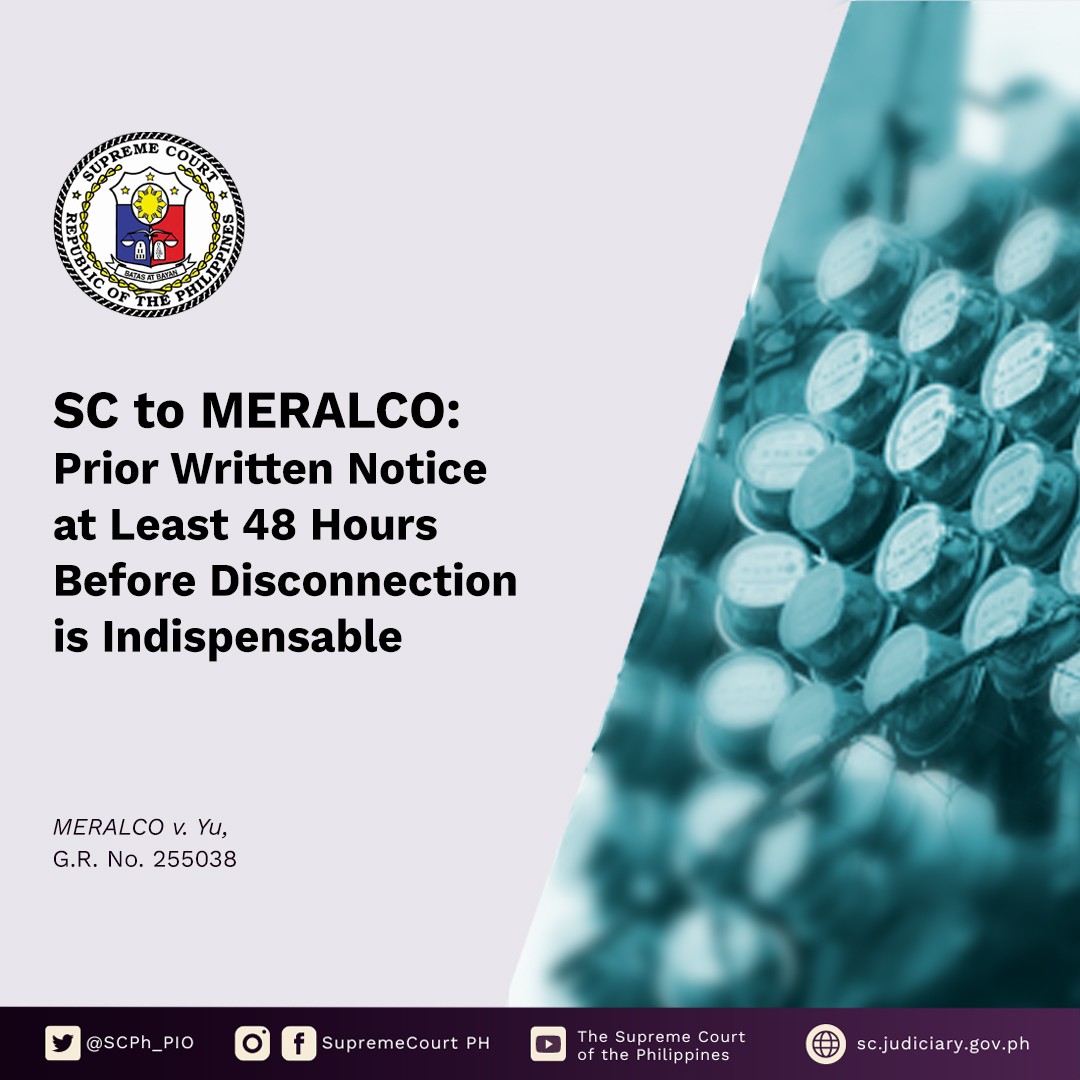SC to MERALCO:  Prior Written Notice at Least 48 Hours Before Disconnection is Indispensable

The SC denies MERALCO's petition against a ruling which held that it violated R.A. 7832, for cutting off the electricity of a consumer sans prior notice.

READ: sc.judiciary.gov.ph/sc-to-meralco-…