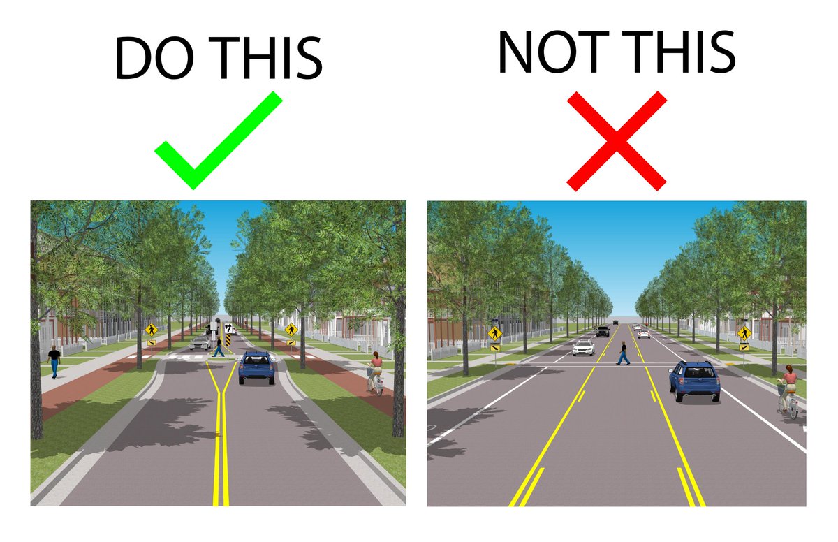 In the Safe Systems Approach, roads must be designed with a mindset of safety. One of the elements of the approach is that all users of the system must be safe. Today I show two versions of a collector road, one that that is safer for all and one prioritizing traffic flow.