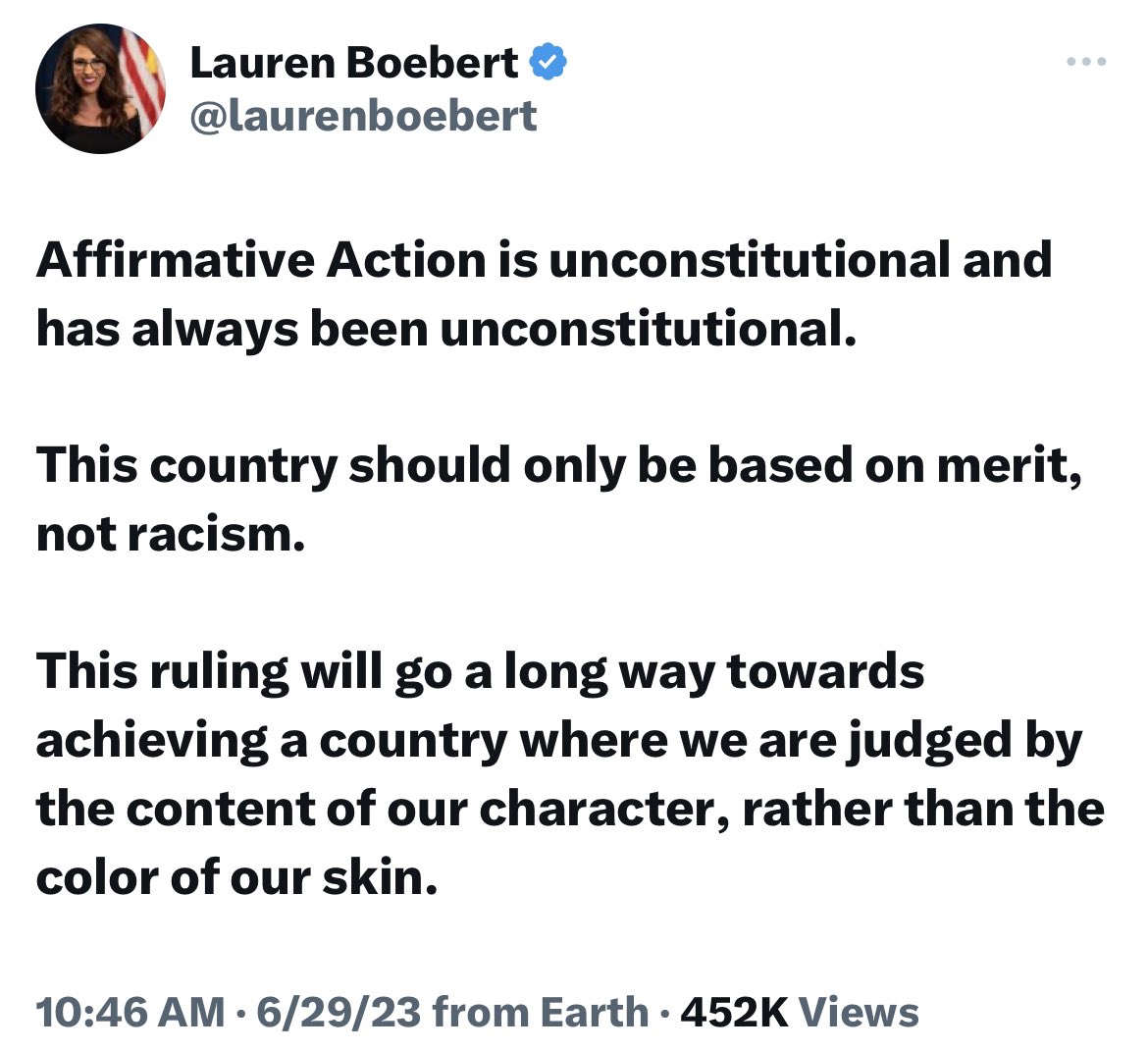 1. Affirmative Action is not—nor has it ever been—unconstitutional 2. Affirmative Action is designed to *combat* the continuing impact of racism & inequality on access to higher education 3. You support white supremacy, so you can take Dr. King’s words out of your mouth forever