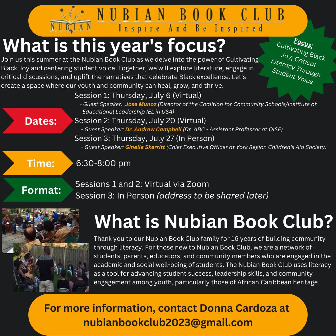 🎉 Nubian Book Club is back for its 16th year! Join us for a 3-part series starting July 6th. The theme is cultivating Black joy through student voice. Don't miss out on this amazing opportunity! Register here: bit.ly/nubianbc2023 All are welcome to join 🙌🏾 #NubianBookClub