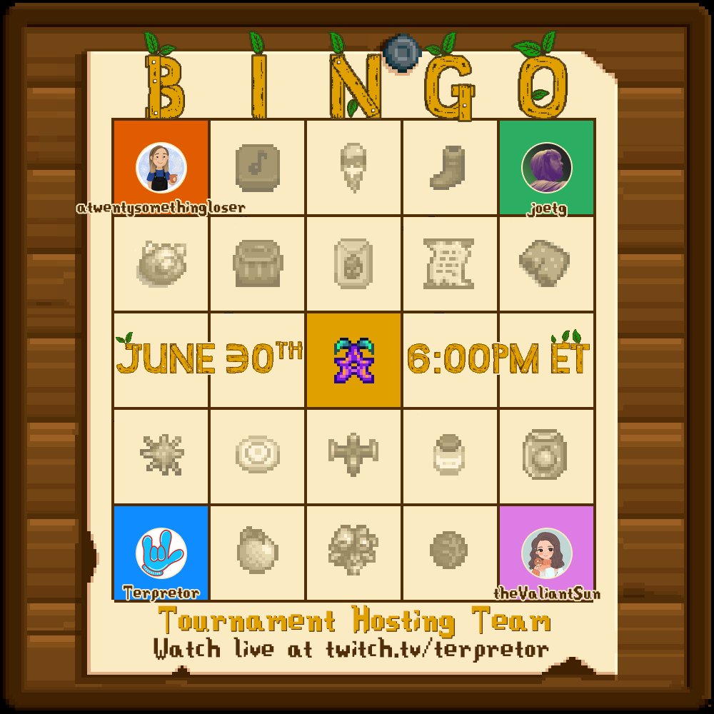 SDVCollab's tweet image. We can&apos;t have a tournament without some hosts! @twentysomeloser, @joenathytg, @terpretor, and @thevaliantsun will be your eyes in the sky for this event!

Catch the 4v4 Lockout Bingo Tournament on Friday, June 30th at 6 PM ET at twitch.tv/terpretor