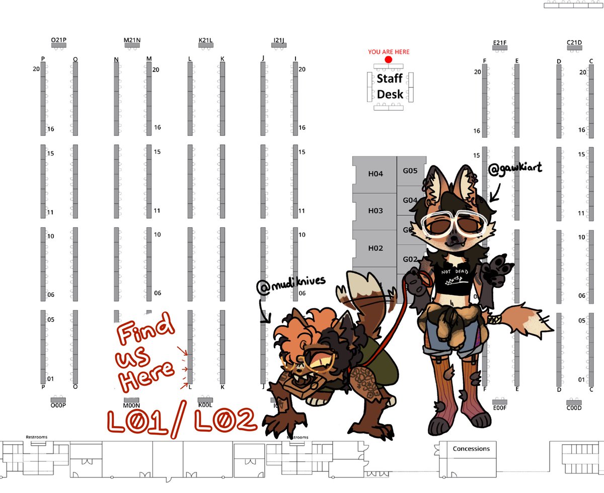 How to find @gawkiart and my feral ass at Anthrocon! All cookie preorder customers please come to the table to pick up your orders! 🧡