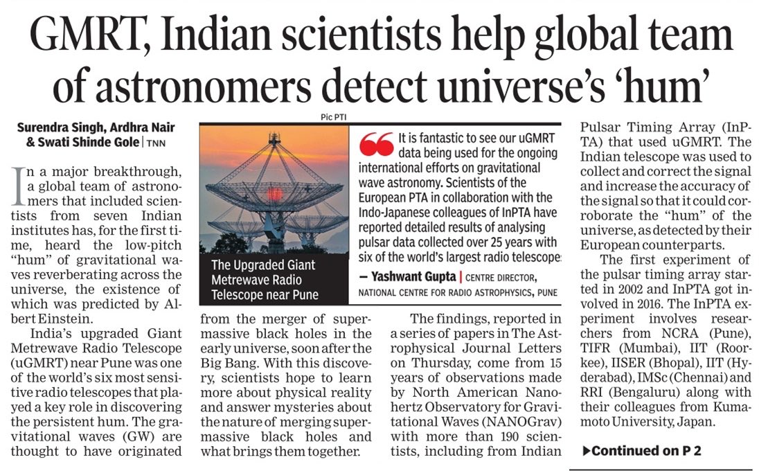 Heard the sound of the universe?
.
⁦@NANOGrav⁩ ⁦@InPTA_GW⁩ @
⁦@NCRA_Outreach⁩ ⁦@TIFRScience⁩ ⁦@yash_gupta_62⁩ ⁦@iiserbhopal⁩ #gmrt #gravitationalwaves ⁦@asipoec⁩  #astronomy 
timesofindia.indiatimes.com/home/science/i…