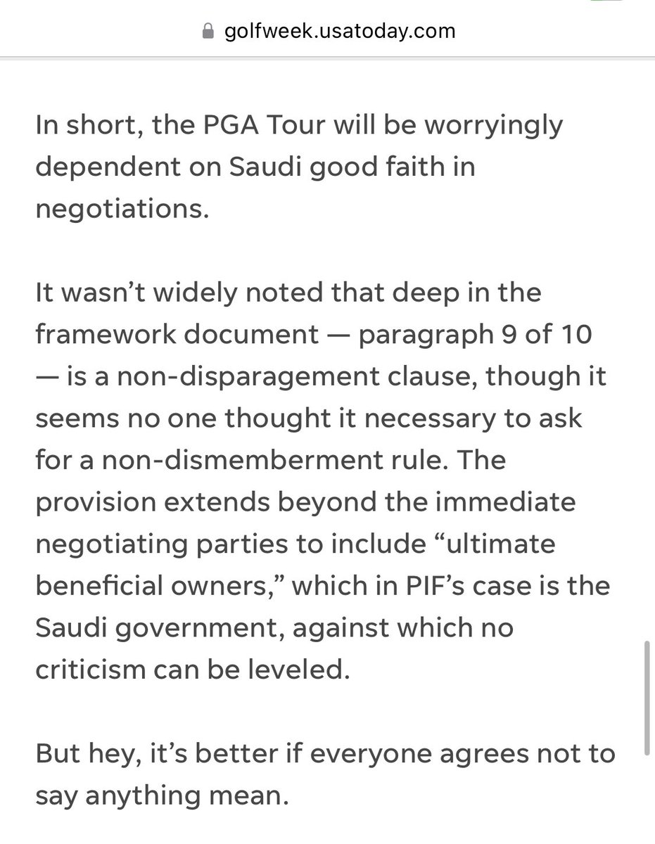 Eamon Lynch pumps out an article to respond to Adam Scott calling out Lynch for going after Patrick Cantlay.  Relevant part below:  if Eamon Lynch works for the golf channel which is partners with the PGAT…is the PGAT violating the non disparagement clause due to Lynch?