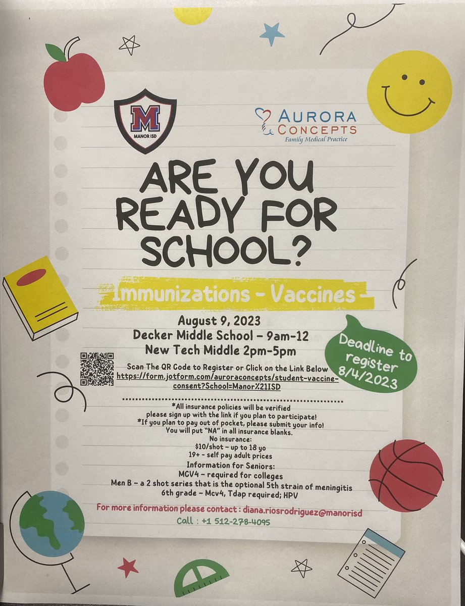 Parents do your scholars need vaccines? Vaccine Clinic 8/9/2023. One will be At DMS and the other one MNTMS. Sign up and come see us. <a href="/ManorISD/">Manor ISD</a> <a href="/Manor_Sports/">Manor ISD Athletics</a> <a href="/ManorReEngage/">#ManorTruancyPrevention</a> <a href="/ManorISD_Super/">Robert Sormani</a> @WholeChild_MISD <a href="/BandManor/">Manor Mustang Band</a> @AlejandroGongo1