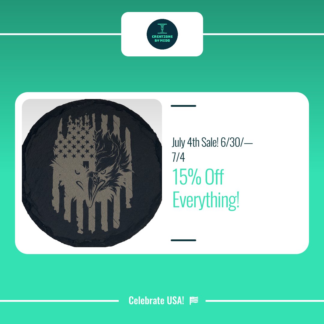McGeesCreations's tweet photo. 15% OFF SALE!

Show your patriotic spirit with a set of custom engraved slate coasters from Creations By Mido! For a limited time, get 15% off all of our custom engraved slate coasters.

https://t.co/7PZptMnOkt

#4thOfJulySale #15Off #CustomEngravedCoaster #ShopSmall https://t.co/P47hF7Z7Ph