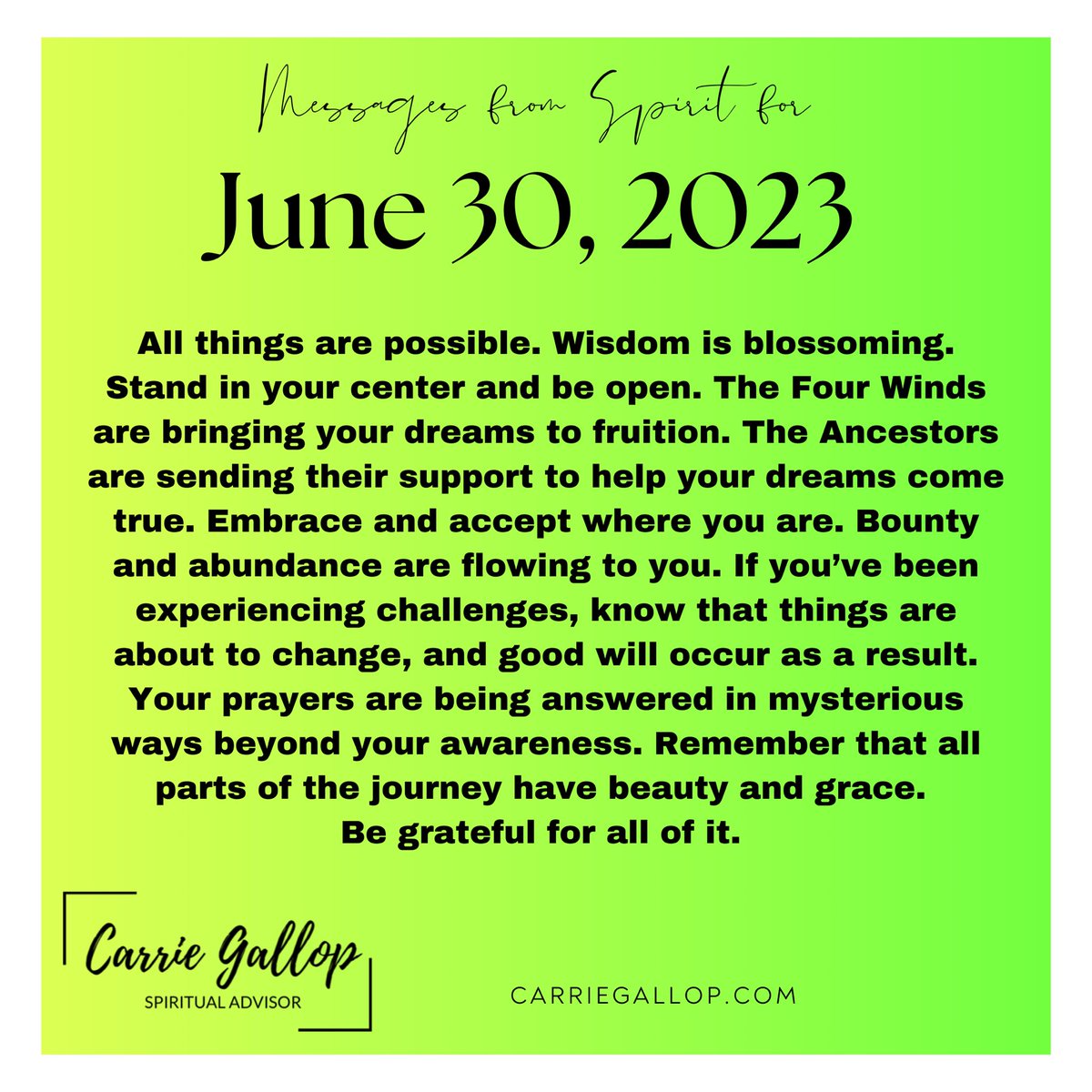 Messages From Spirit for June 30, 2023 ✨

#Daily #Guidance #Message #MessagesFromSpirit #June30 #AllThingsArePossible #Wisdom #Blossoming #Center #BeOpen #Dreams #Fruition #Ancestors #Support #Help #DreamsComeTrue #Embrace #Accept #Bounty #Abundance #Flowing #Challenges #Change