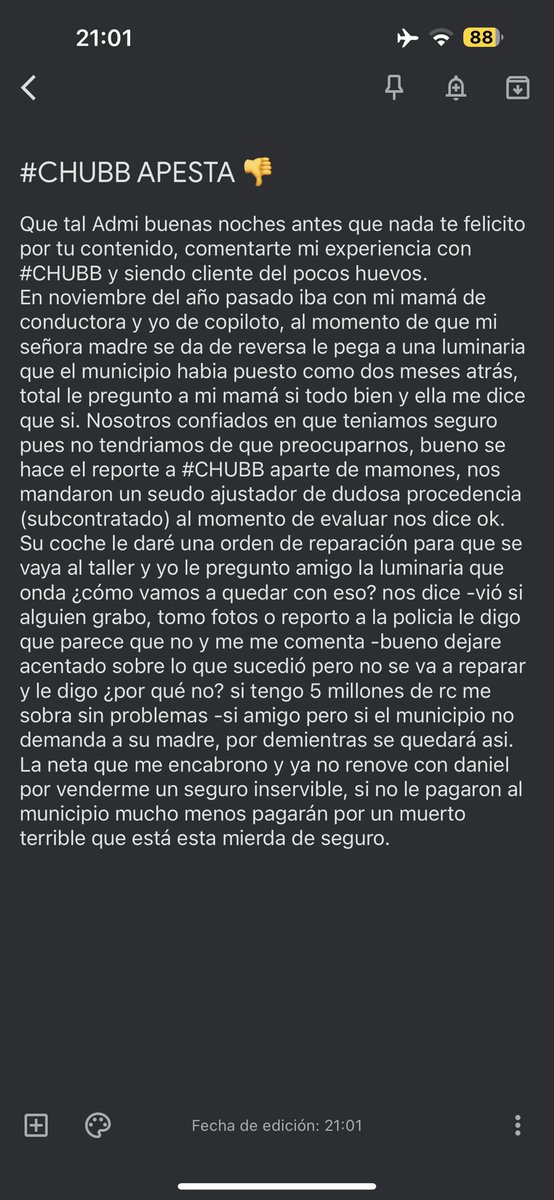 AnthonyVM123's tweet photo. @cuartodemillamx admi ahí te va mi experiencia con ambos   tanto #CHUBB como aseguradora y de agente a Daniel. https://t.co/vJhjnlBODS