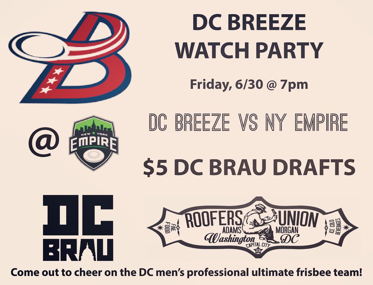 RoofersUnionDC's tweet photo. Excited to host the @theDCBreeze Watch Party FRIDAY at 7pm. Beer special: $5 @dcbrau during the game. 

Let’s go Breeze! https://t.co/XO6lNV87Xj