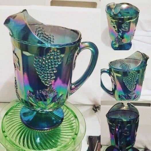 #etsy shop:Bluepitcher,Grapes&Leaves etsy.me/44pRNd3 #grapesleaves #carnivalglass #blueglass #indianaglass #pitcher #carnivalglasspitcher #icelipspout #dwedgecreations.etsy.com #iridescent #embossesgrapes #barware #depressionglass #artglass #artdeco #gift #art