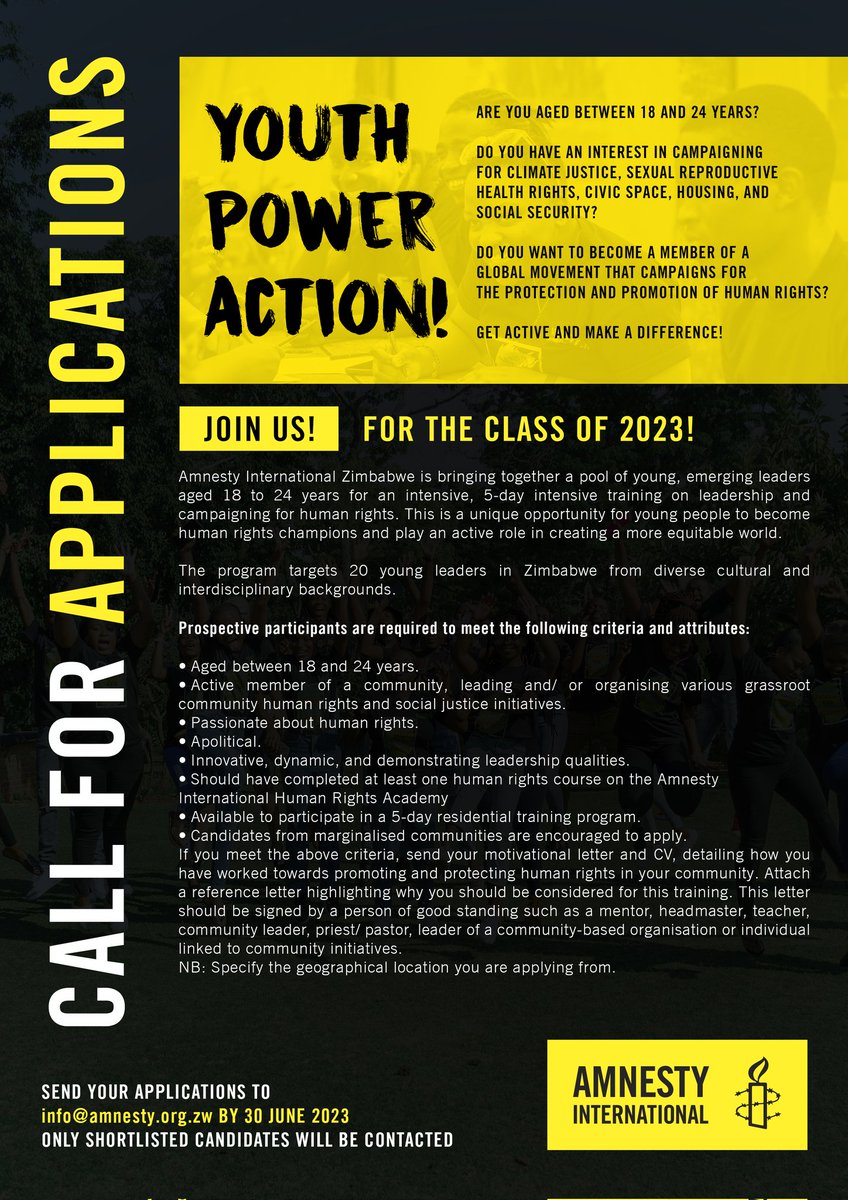 The deadline for applications to the <a href="/amnesty_zim/">Amnesty International Zimbabwe</a> Youth Power Action Class of 2023 is TODAY - Friday, June 30 at midnight CAT.⏰️

Dont miss your last chance to apply for this exciting opportunity.

See flier for details. 

#YouthPowerAction for #HumanRights.

APPLY NOW!