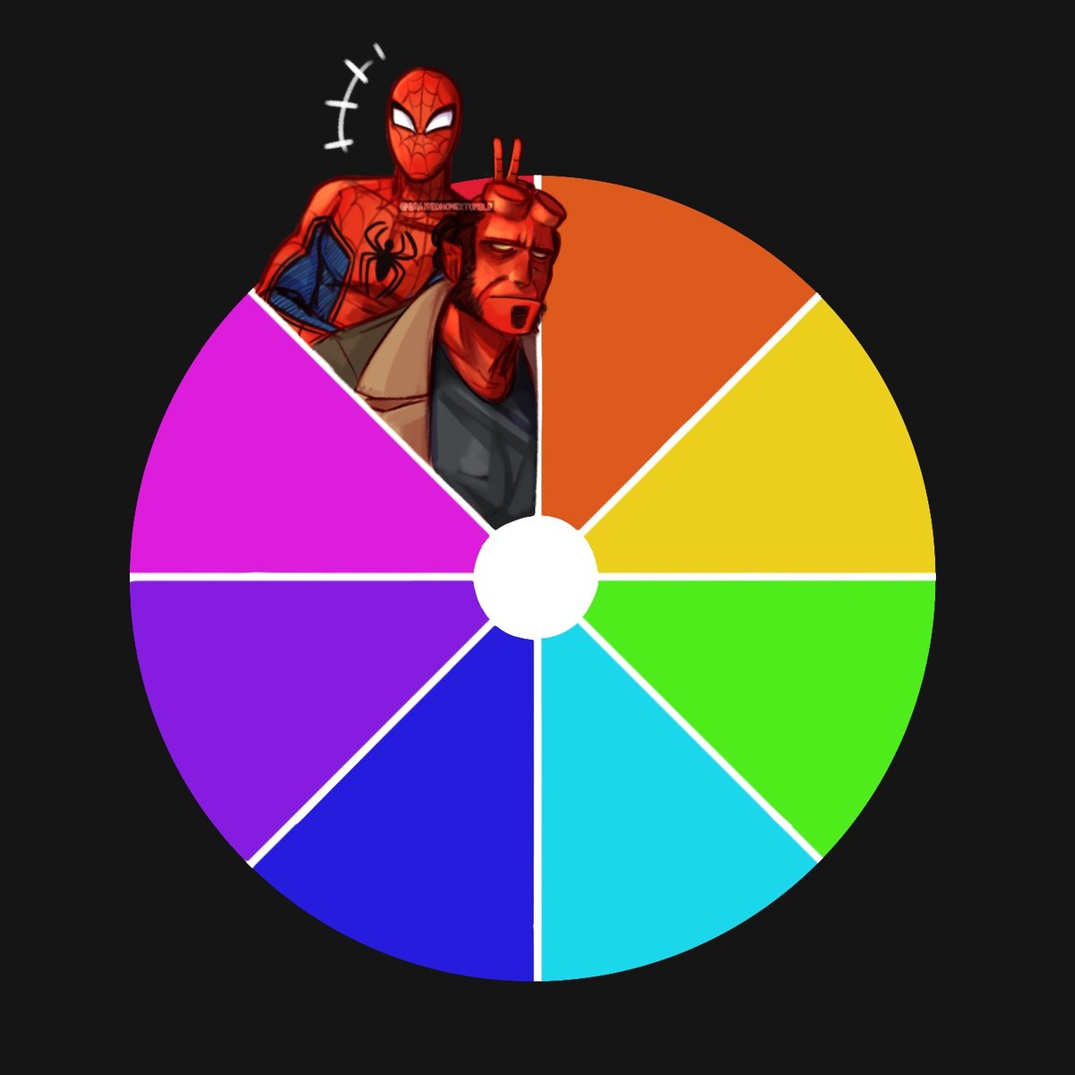 first wedge of the color wheel meme done! picked one i knew (spiderman) and one i didn't (hellboy). ironically it was one from twitter and one from tumblr.

anyone up for orange while i'm speedrunning?