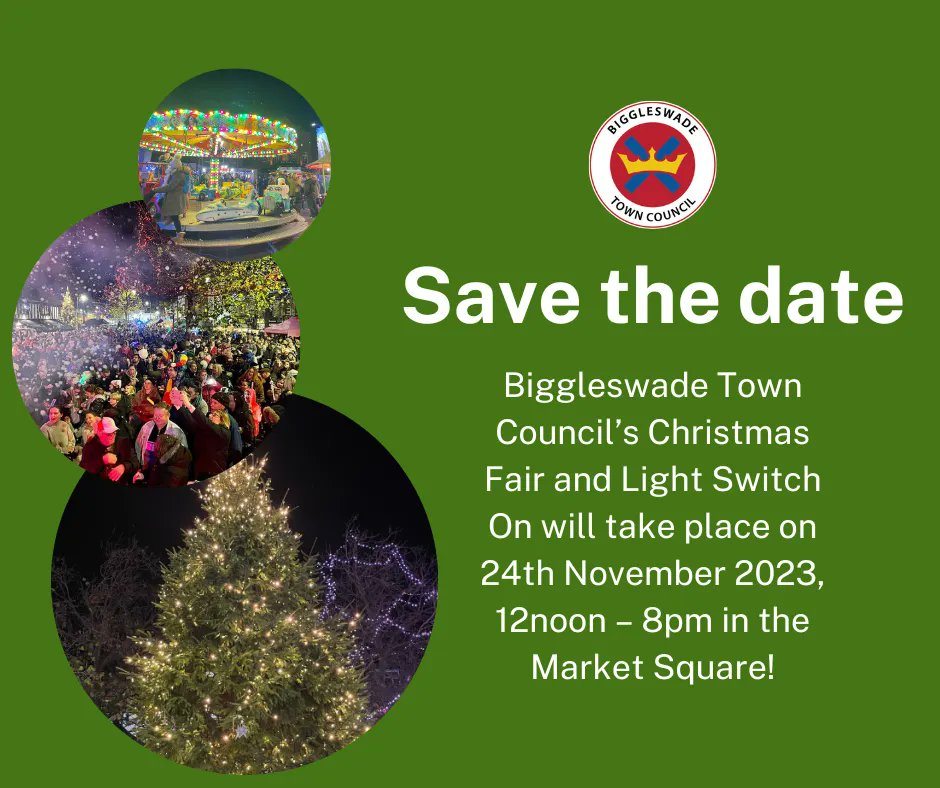 Save the date‼️

🎅Biggleswade Town Councils annual Christmas Fair &amp; Light Switch on will be taking place on Friday 24th November 2023, 12noon - 8pm in Biggleswade Market Square🎄
More information will be provided in further social media posts and in our September 2023 newsletter