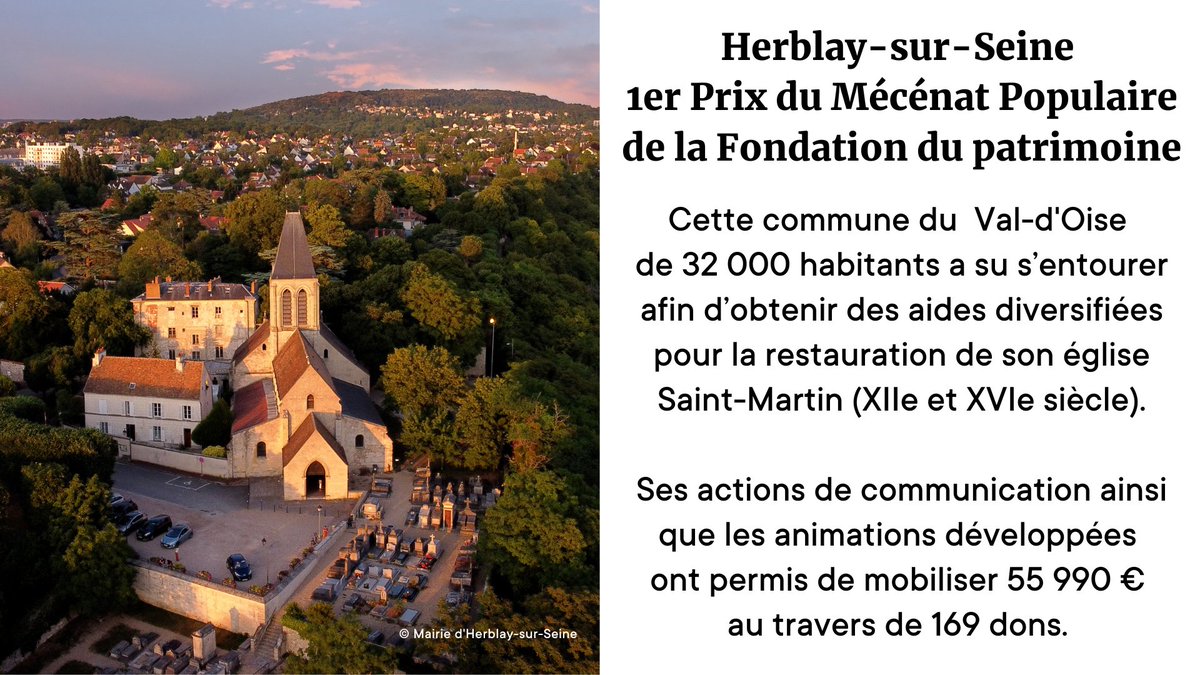 ⛪️Si la restauration d’une église est un défi financier pour de nombreuses communes, c’est également un projet fédérateur et mobilisateur comme le démontre <a href="/HerblaysurSeine/">Ville Herblay-sur-Seine</a> qui a reçu hier le 1er Prix du #MécénatPopulaire de <a href="/fond_patrimoine/">Fondation du patrimoine</a>