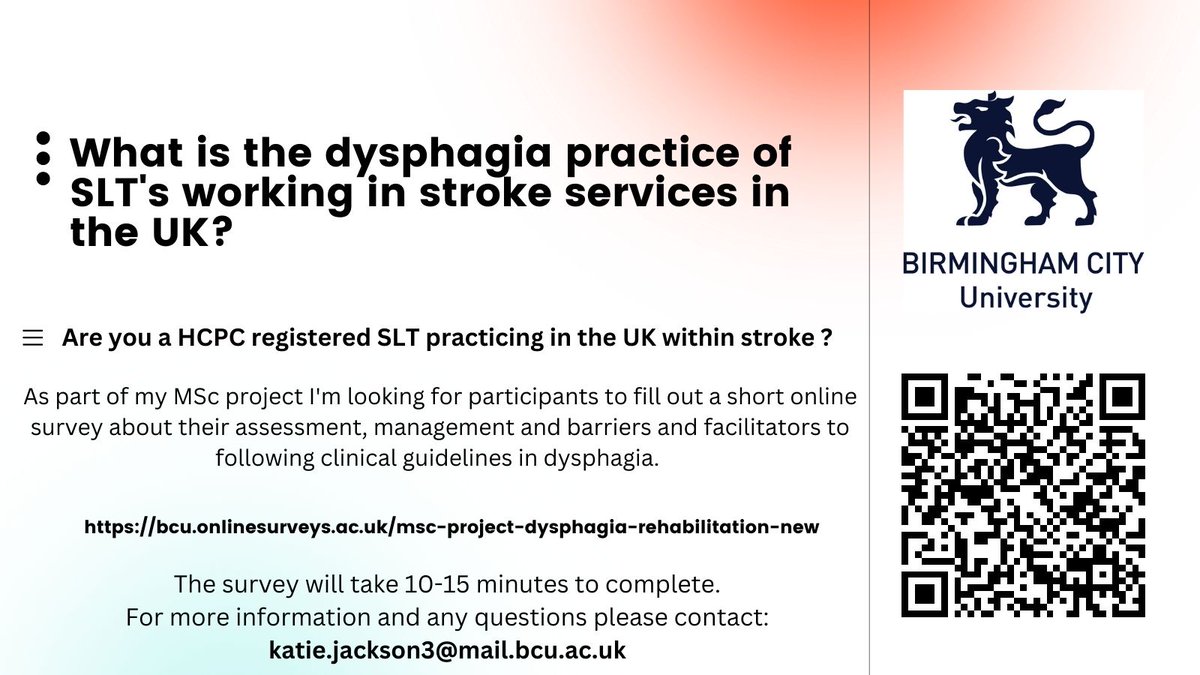 KLJackson22's tweet image. Still looking for more contributions to my survey. If you are an SLT working in stroke services, please fill out my survey. #stroke #SLTs #survey #dysphagia