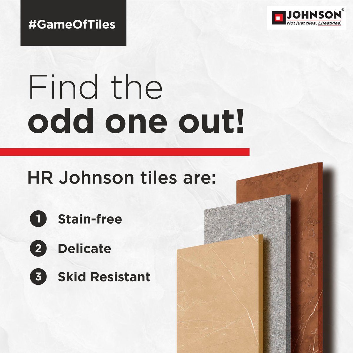 HRJohnsonIndia's tweet photo. Can you guess which of these do NOT apply to our wide range of tiles?π€
#HRJohnsonIndia #HappilyInnovating #GameOfTiles #WideRange #TilingSolutions #Tiles https://t.co/ViPF79iixc